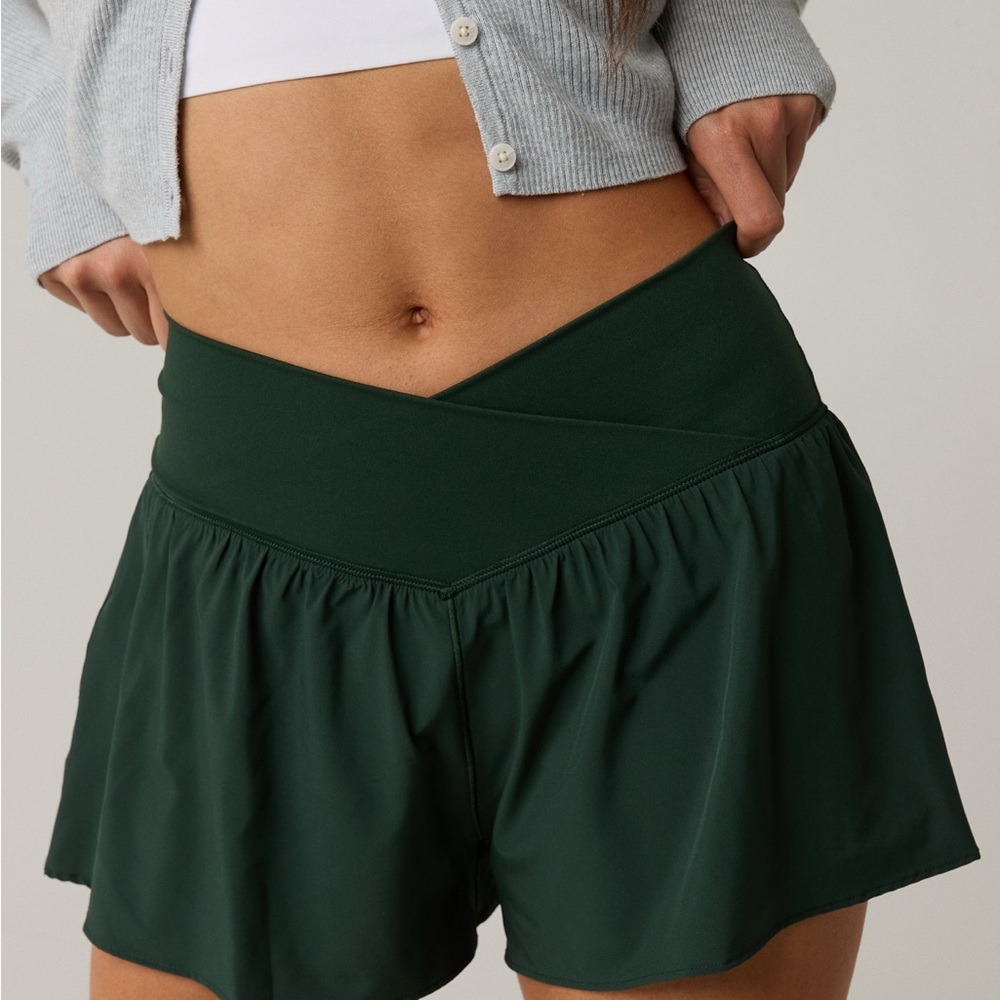 Aerie Green Athletic Shorts with Flared Hem